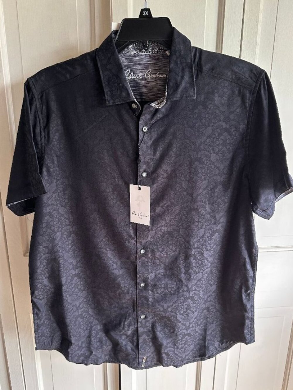 NWT $178 Robert Graham Bayview Black Button Down Short Sleeve shirt Size LARGE